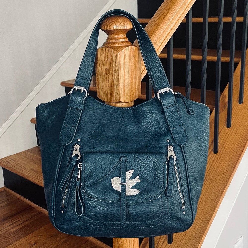 Dark Teal Leather Tote Handbag with Silver Accents